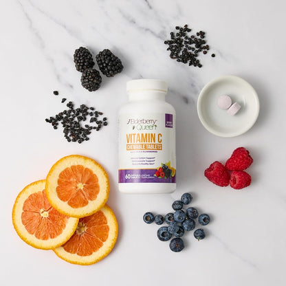 Elderberry Queen Chewable Vitamin C 500mg – Immune Boost & Antioxidant Support Tablets with Vitamin A, E & Organic Echinacea, Elder Fruit, Acerola – Natural Dietary Supplement, 60 Count