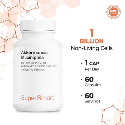 Supersmart Akkermansia Muciniphila 1 Billion TFU per Day - Pasteurised Probiotic - Enhanced Absorption - Postbiotic Supplement - Non-GM & Gluten-free - 60 Delayed Release Capsules