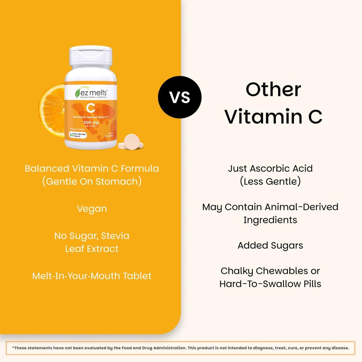 EZ Melts Vitamin C - Antioxidant & Immune Support - Orange Citrus - 60 Soluble Tablets (30 Servings) - görsel 5