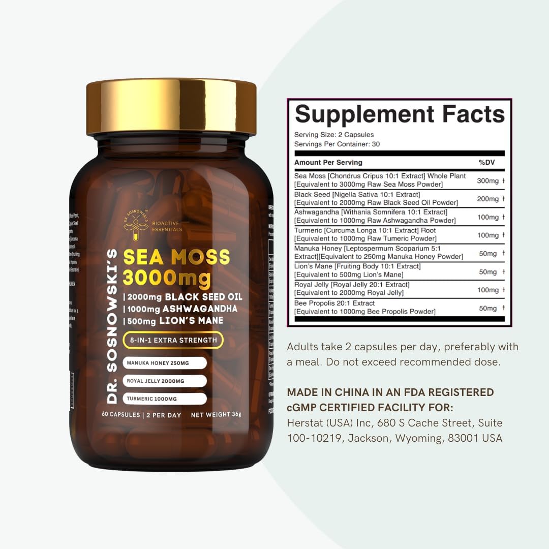Dr Sosnowski's BioActive Sea Moss | 8-in-1 Formula Enriched with Black Seed, Ashwagandha, Turmeric, Manuka Honey, Lion's Mane, Royal Jelly, Bee Propolis Extract | 60 Capsules - görsel 6