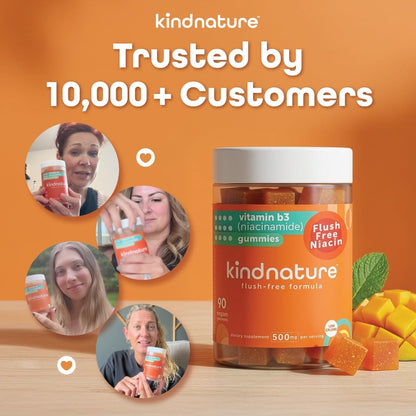 Kindnature Vitamin B3 Niacinamide Gummies 500mg – Flush-Free Niacin Supplement – Contributes to Normal Skin, Energy Metabolism & Nervous System Function – Vegan, Non-GMO, Gluten-free, Soya-Free – 90 Gummies