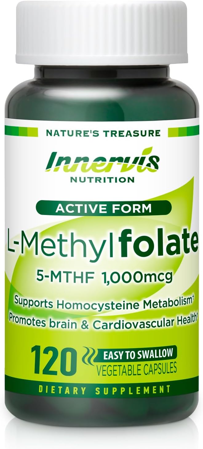 L-Methylfolate 1000mcg (120 Caps) - Active Folate for Heart, Nerve Health & Homocysteine Support - 5-MTHF Methylated Vitamin B9 by Innervis Nutrition - görsel 1