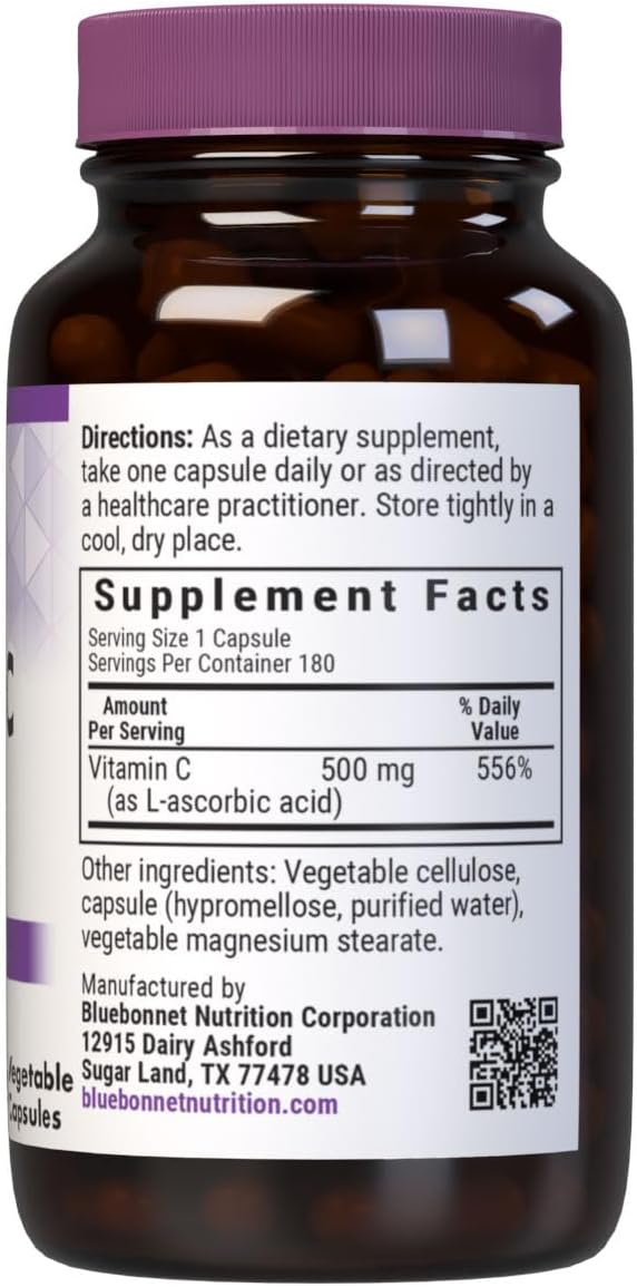 Bluebonnet Nutrition Vitamin C 500 mg Vegetable Capsules - Ascorbic Acid for Immune and Skin Health - görsel 2