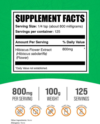 BulkSupplements.com Hibiscus Flower Extract Powder – Herbal Food Supplement, Vegan and Gluten-free, 800 mg per Serving, 100 g