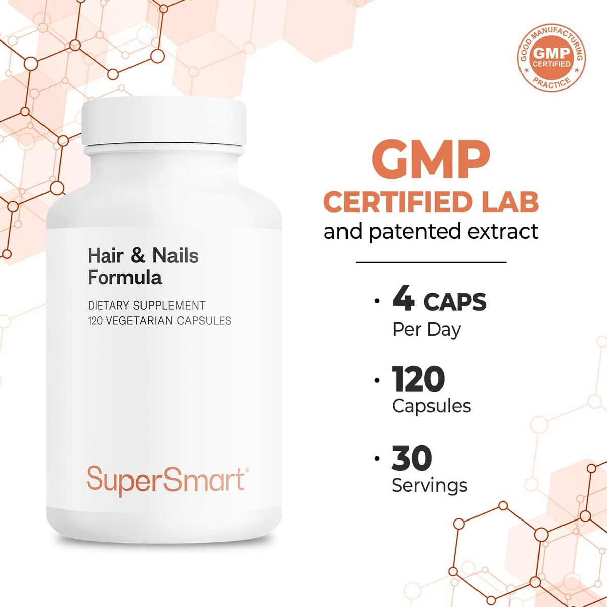 Supersmart Hair & Nails Formula - Patented Solubilised Keratin Supplement with Biotin, Bamboo Extract, MSM, Cynatine HNS Keratin - Non-GMO & Gluten-free - 120 Vegetarian Capsules - görsel 5
