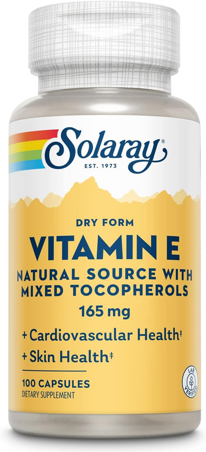 SOLARAY Vitamin E Dry 200 IU with Mixed Tocopherols – Supports Heart & Skin Health – 100 Capsules