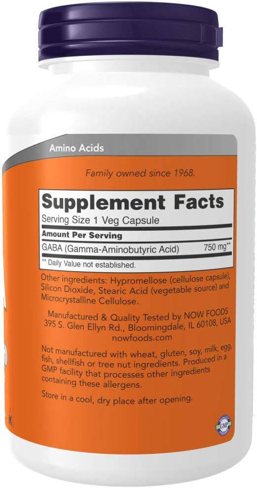 NOW Foods GABA (Gamma-Aminobutyric Acid) 750 mg, 200 Vegetable Capsules - görsel 2