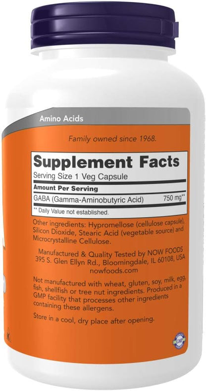 NOW Foods GABA (Gamma-Aminobutyric Acid) 750 mg, 200 Vegetable Capsules
