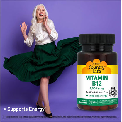 Country Life Vitamin B12 1000 mcg - Vegan & Gluten-Free Food Supplement for Energy and Brain Health