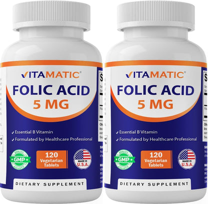 Vitamatic Folic Acid 5 mg (5000 mcg) - High Strength Vitamin B9 (Folate 8333 mcg DFE) - 120 Vegetarian Tablets