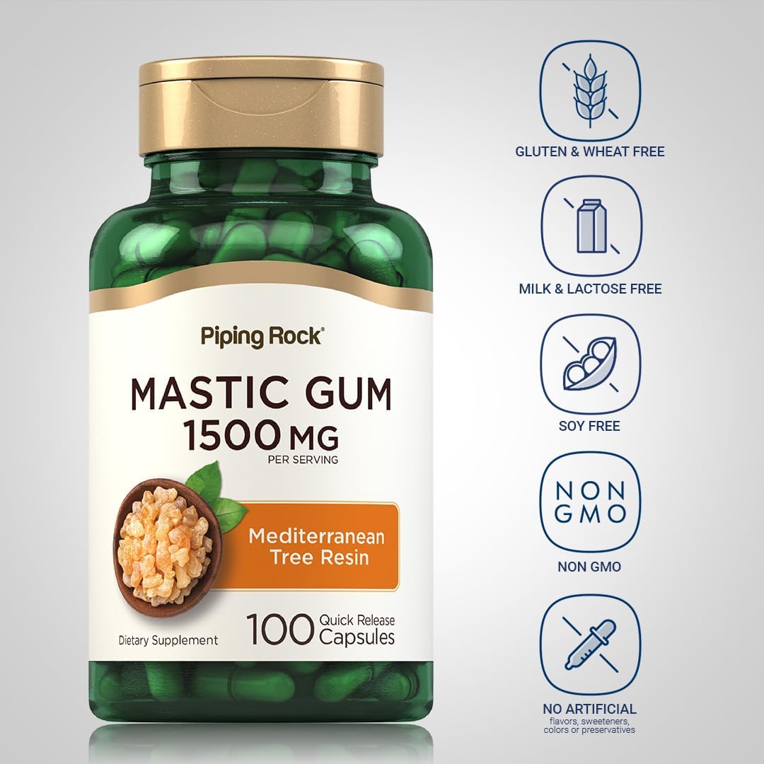 Piping Rock Mastic Gum Capsules 1500mg | 100 Capsules | Mediterranean Tree Resin | Non-GMO, Gluten-free Supplement - görsel 3