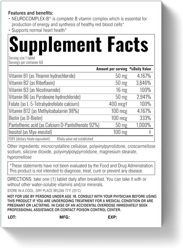 Neurocomplex-B® Slow-Release B Complex - Vegan, Supports Energy, Nerve Function & Mood Balance | 60 Tablets - görsel 2