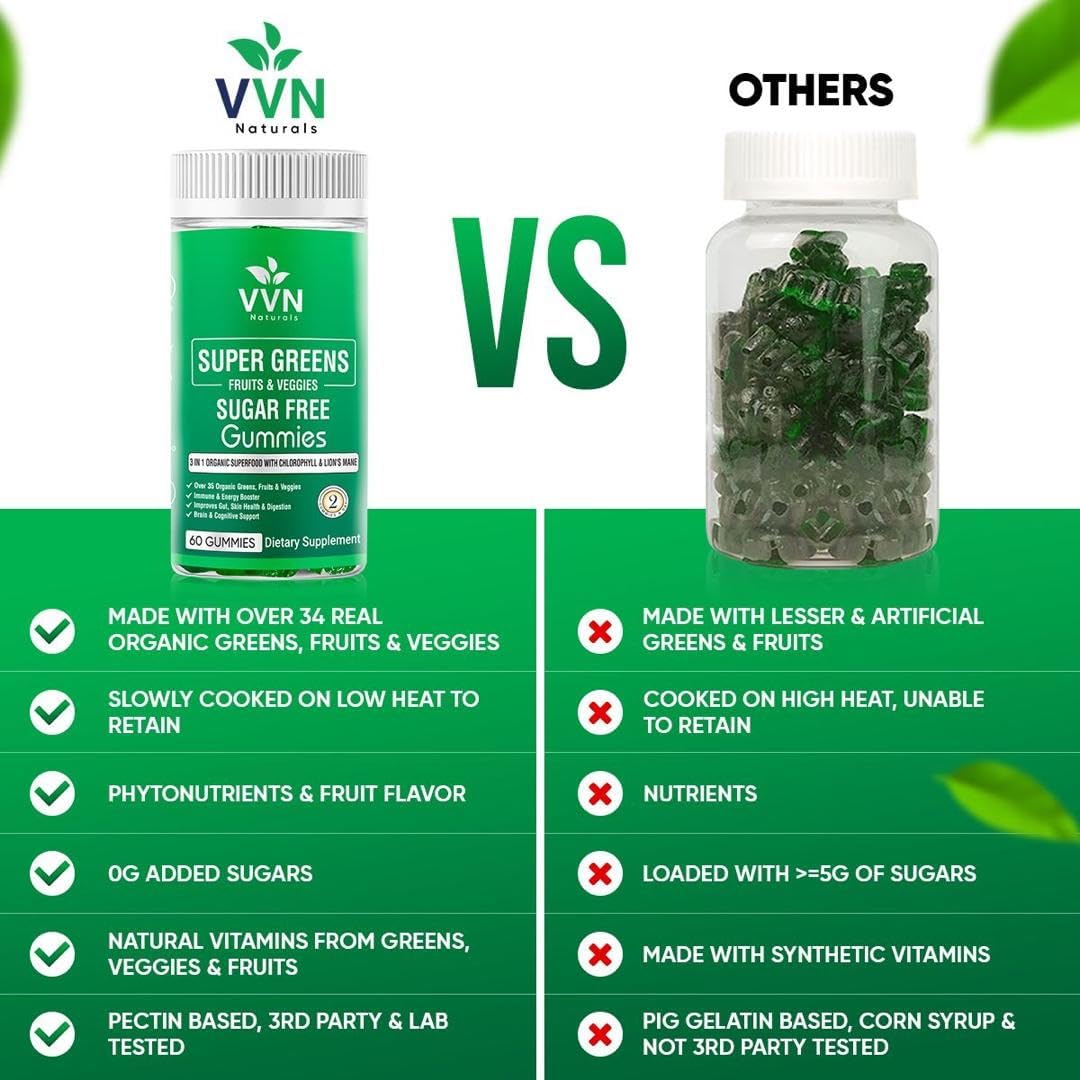 VVN Naturals Sugar-Free Organic Super Greens & Fruits Gummies (60 Vegan Gummies) - görsel 4