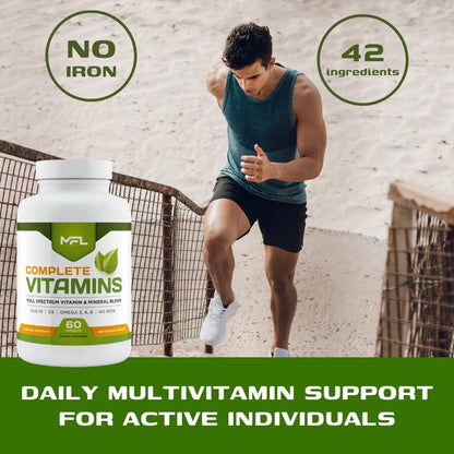 Complete Vitamins Multivitamin and Minerals with Omega 3.6.9, CoQ-10, D3 – No Iron, 60 Capsules