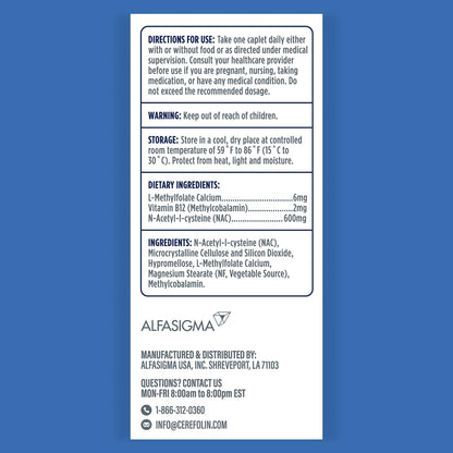 Cerefolin Brain Wellness - Targeted Nutrition for Cognitive Support with L-Methylfolate, NAC, and B12 (60 Count)