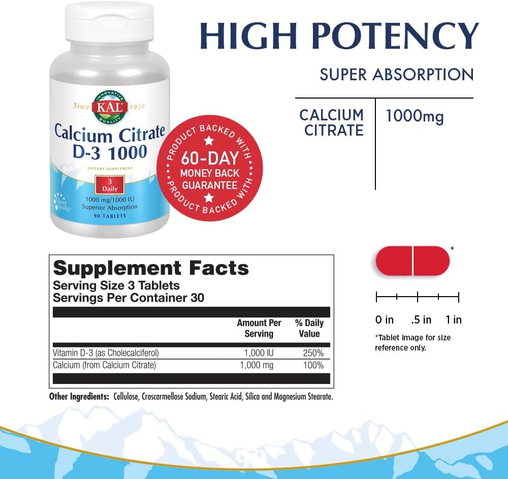 KAL Calcium Citrate with D 1000 IU Tablets - 1000 mg, 90 Tablets - görsel 3