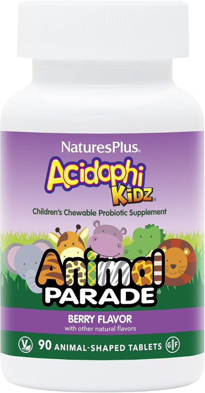NaturesPlus Animal Parade AcidophiKidz - Berry Flavour - 90 Chewable Tablets - Children's Probiotic with FOS & Grape Seed