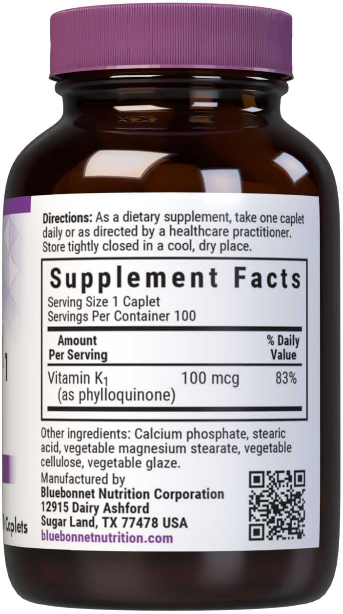 Bluebonnet Vitamin K1 100 mcg – Phylloquinone Supplement for Bone Health – Vegan, Non-GMO, Gluten-Free – 100 Caplets - görsel 2