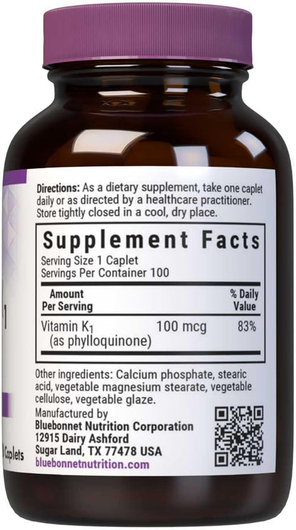 Bluebonnet Vitamin K1 100 mcg – Phylloquinone Supplement for Bone Health – Vegan, Non-GMO, Gluten-Free – 100 Caplets