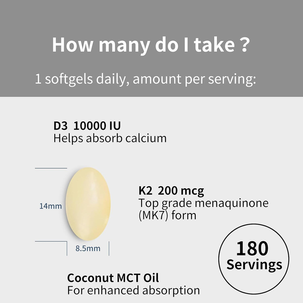 YOUTHVITA Vitamin D3 with K2 (MK-7) - 10000 IU D3 & 200 mcg K2, 180 Coconut Oil Soft gel capsules – Image 2