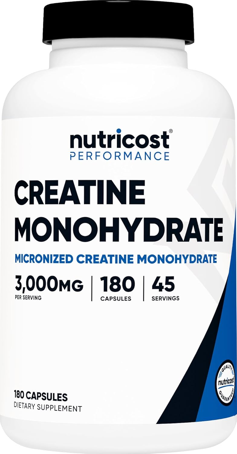 Nutricost Creatine Monohydrate 3,000 mg, 180 Capsules (750 mg Per Capsule) - Gluten-free, Non-GMO - görsel 1