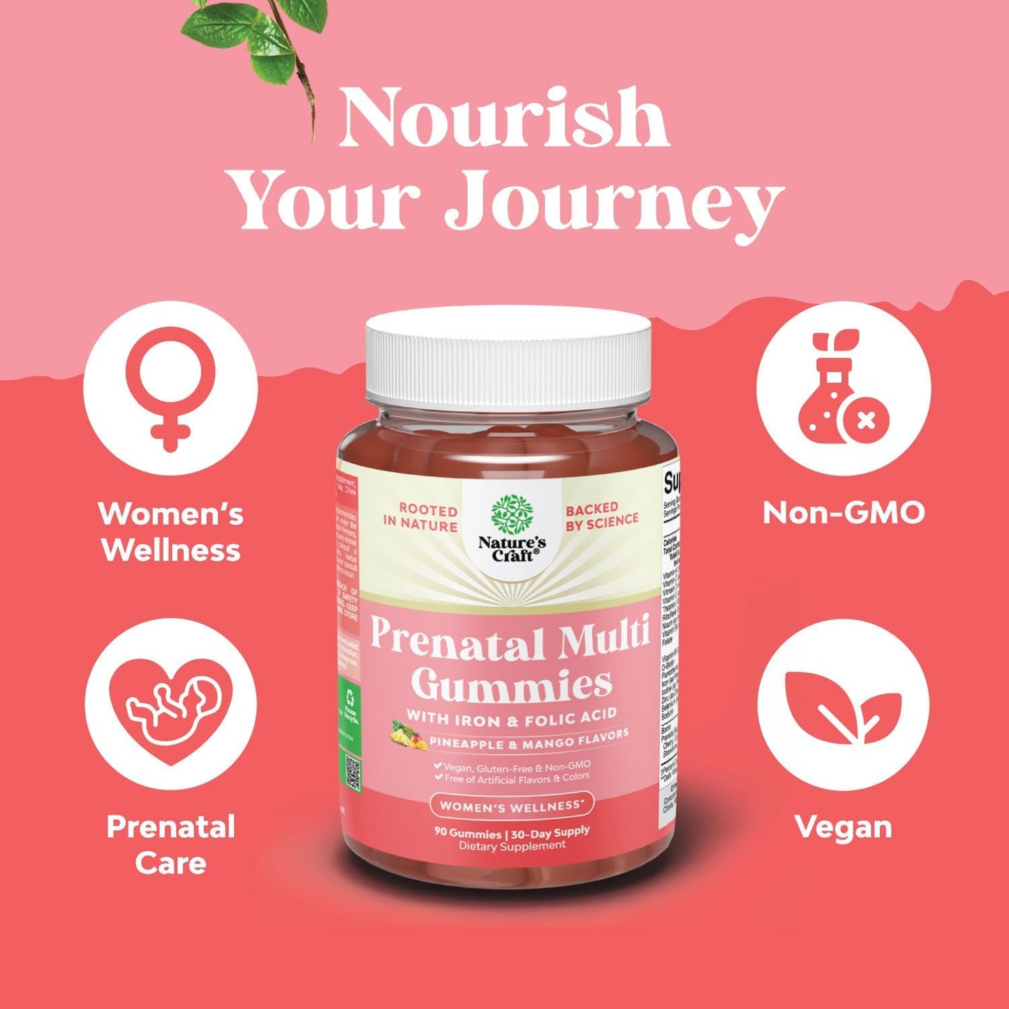 Natures Craft Vegan Prenatal Gummies for Women - Gummy Prenatal Vitamins with Iron, Folic Acid and Superfruit Blend - Chewable Vitamin Gummy Formula (Pineapple and Mango) - 90 Count - görsel 4
