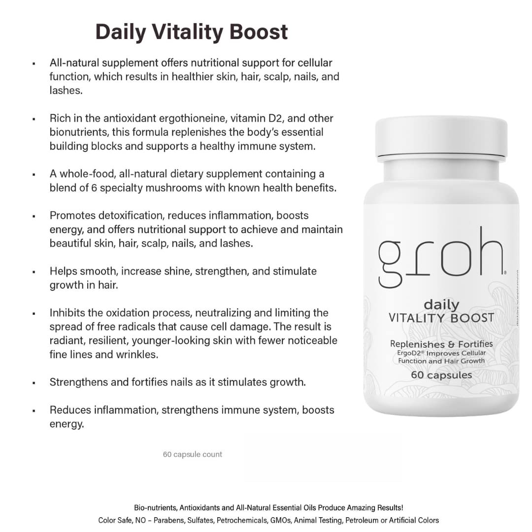 Groh Daily Vitality Boost - All Natural Hair, Skin and Nails Supplement with ErgoD2 - 60 Capsules - görsel 7