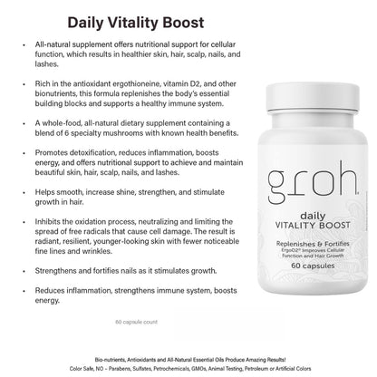 Groh Daily Vitality Boost - All Natural Hair, Skin and Nails Supplement with ErgoD2 - 60 Capsules