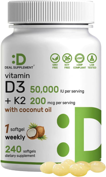 DEAL SUPPLEMENT Vitamin D3 50,000 IU + K2 MK7 200mcg Soft gel capsule Capsules, 240 Count