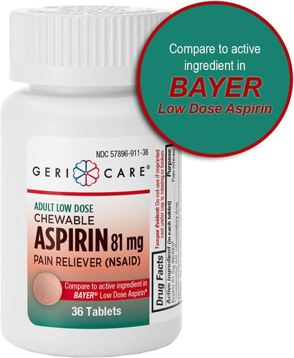 GeriCare Low Dose Adult Chewable Aspirin 81mg, Pain Reliever, Fever Reducer, 36 Tablets