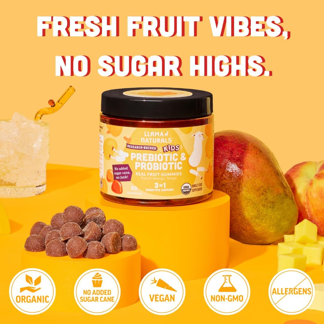 Llama Naturals Kids Probiotic with Prebiotic Fibre, Organic Real Fruit Gummies, Peach Mango, 120 Ct - görsel 5