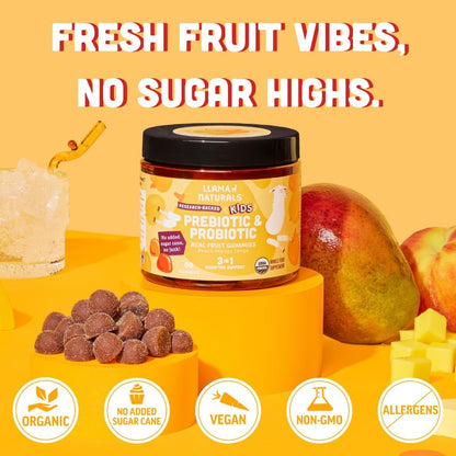 Llama Naturals Kids Probiotic with Prebiotic Fibre, Organic Real Fruit Gummies, Peach Mango, 120 Ct