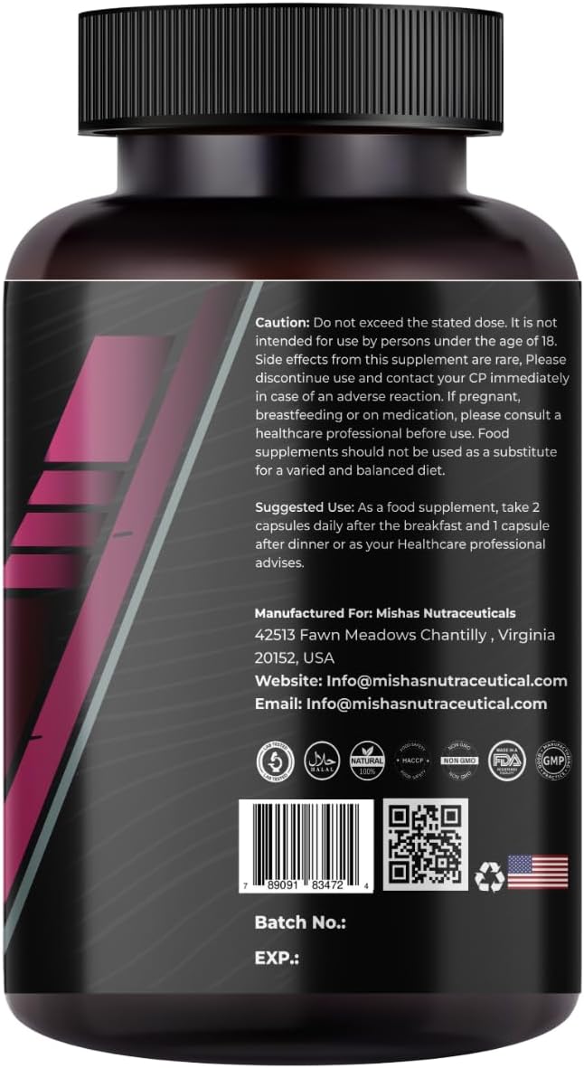 Mishas Nutraceuticals L-Tyrosine with Maca Root, Ashwagandha & Vitamins Complex – Energy, Mental Focus, Stress Relief & Immunity Support – 60 Capsules (30 Servings) - görsel 4