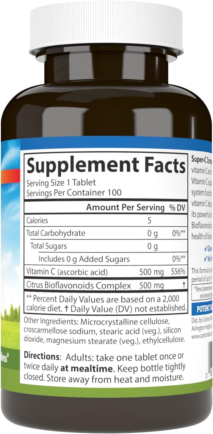 Carlson - Super-C Complex, Vitamin C + Bioflavonoids, Immune Function & Antioxidant Support, 100 Vegetarian Tablets - görsel 2