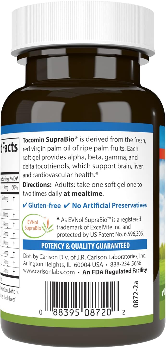 Carlson - Tocomin SupraBio, Full Spectrum Tocotrienol Complex, Non-GMO Tocotrienols, Alpha, Beta, Gamma, Delta, 120 Softgels - görsel 3