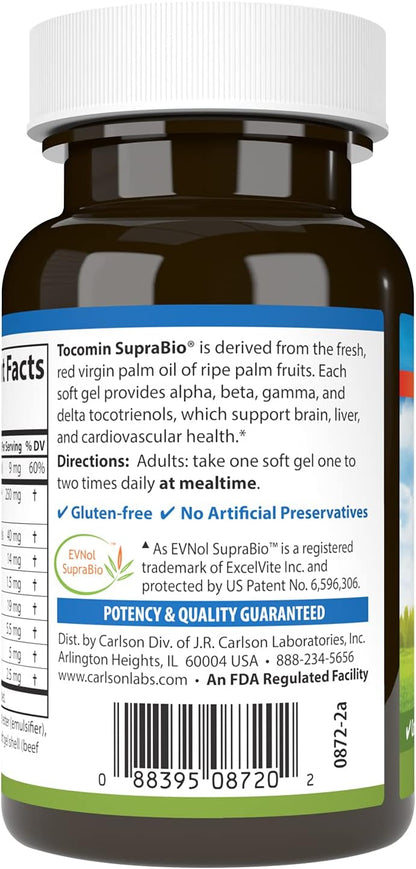 Carlson - Tocomin SupraBio, Full Spectrum Tocotrienol Complex, Non-GMO Tocotrienols, Alpha, Beta, Gamma, Delta, 120 Softgels