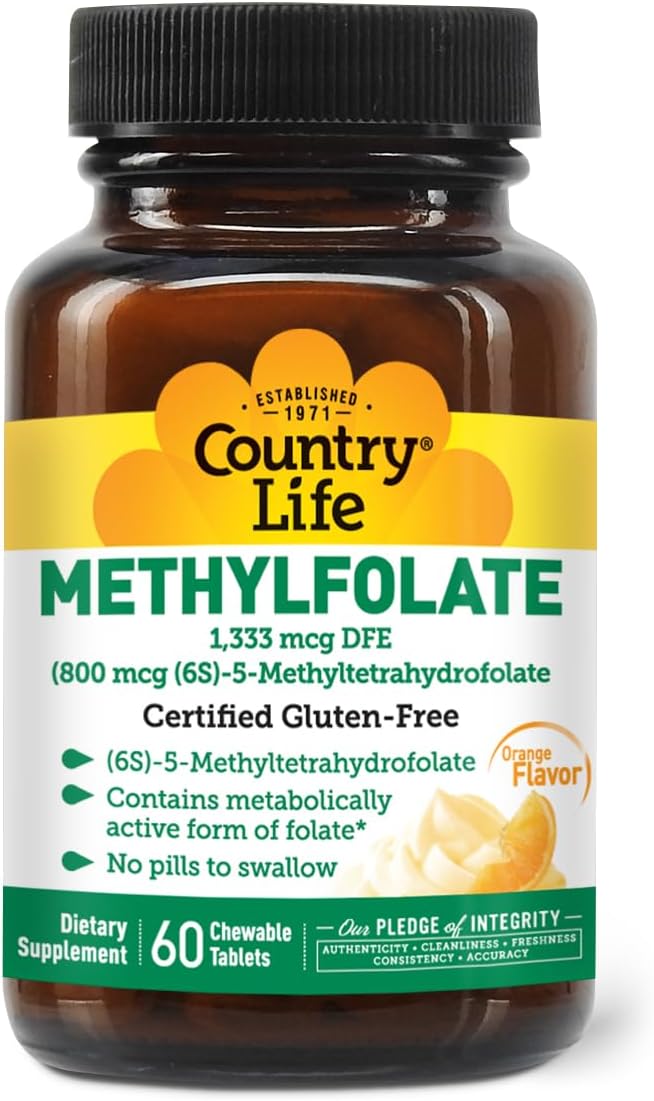 Country Life Methylfolate Chewable Tablets with Methylcobalamin B12 - Metabolically Active Folate - Great-Tasting Orange Flavour - Gluten-Free - Vegan - 60 Tablets - görsel 1