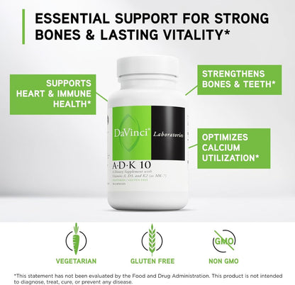 DAVINCI Labs ADK 10 | Vitamin A, D3 & K2 (MK-7) Supplement for Normal Bone and Immune Function | 90 Capsules
