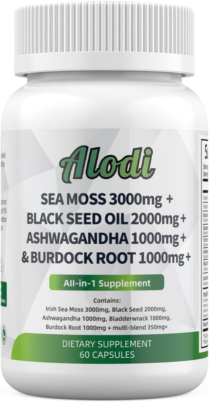 Super Sea Moss Blend - Advanced Formula with Ashwagandha KSM-66, Black Seed Oil, Burdock Root, Bladderwrack, Turmeric, Apple Cider Vinegar, Ayurveda - Lab Tested, Maximum Potency for Men and Women