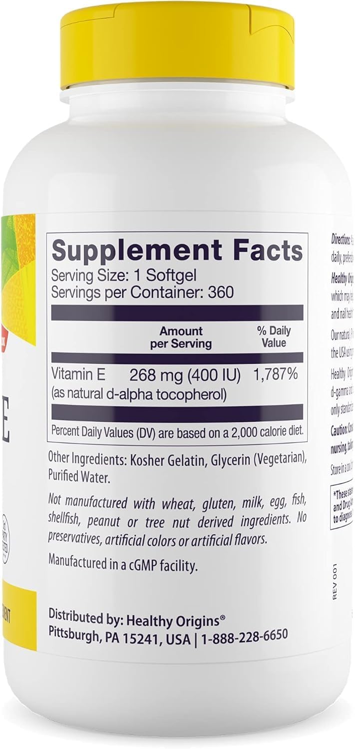 Healthy Origins Vitamin E 400 IU (Natural, Non-GMO, Gluten-free, Skin Support, Cardiovascular Support), 360 Softgels - görsel 2