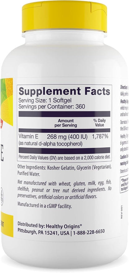 Healthy Origins Vitamin E 400 IU (Natural, Non-GMO, Gluten-free, Skin Support, Cardiovascular Support), 360 Softgels
