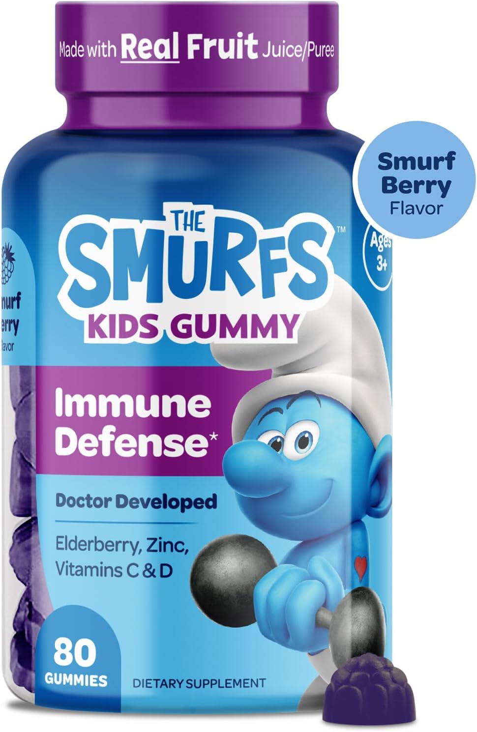 The Smurfs Immune Support Supplement Vitamins for Children with Elderberry, Zinc, Vitamin C & D for Immune Defence Age 3+ | Made with Real Fruit in a Smurf Berry | Doctor-Developed & Non-GMO | 80 Gummies - görsel 9