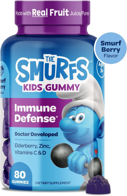 The Smurfs Immune Support Supplement Vitamins for Children with Elderberry, Zinc, Vitamin C & D for Immune Defence Age 3+ | Made with Real Fruit in a Smurf Berry | Doctor-Developed & Non-GMO | 80 Gummies