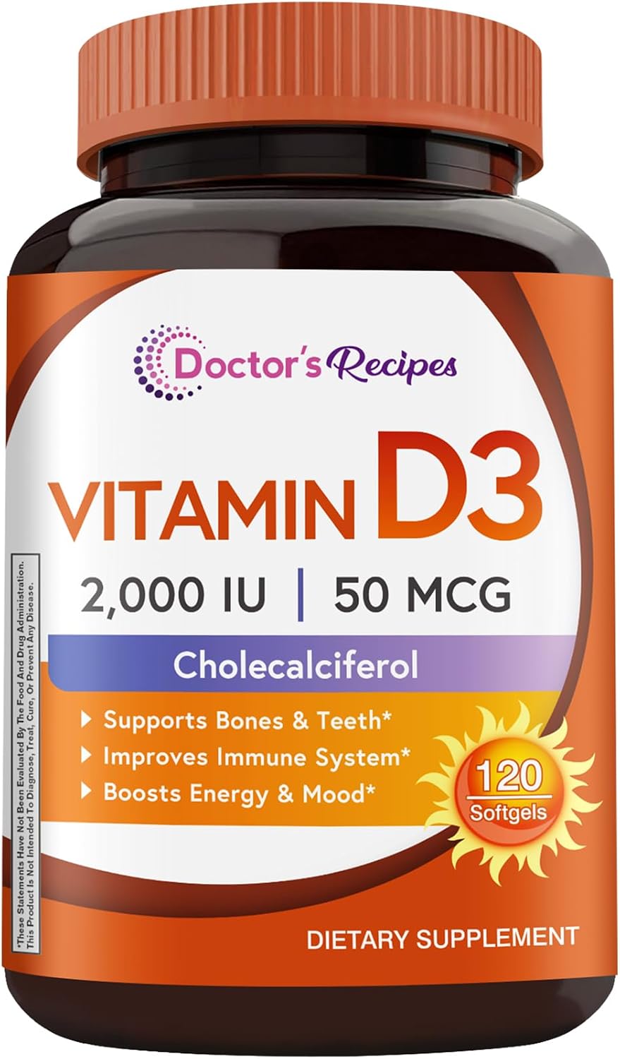 Doctor's Recipes Vitamin D3 2000 IU, Cholecalciferol, 120 Soft gel capsules, Non-GMO, Bone & Immune Support - görsel 1
