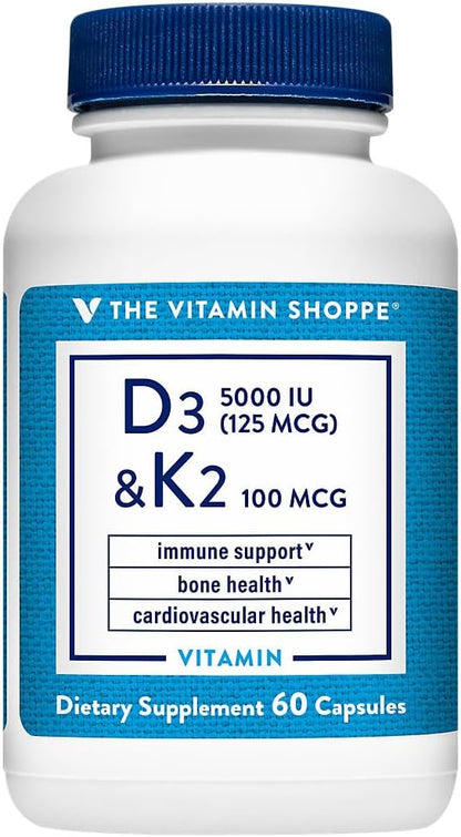 The Vitamin Shoppe Vitamin D3 5,000 IU - Normal Bone Health, Immune Function and Calcium Absorption Support, Daily Vitamin (60 Capsules)