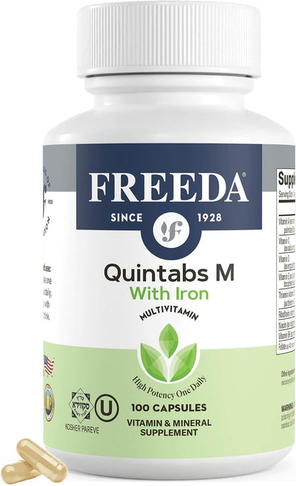 FREEDA Quintabs-M with Iron Multivitamin - Kosher, Vegan, One Daily