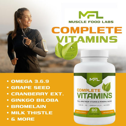 Complete Vitamins Multivitamin and Minerals with Omega 3.6.9, CoQ-10, D3 – No Iron, 60 Capsules