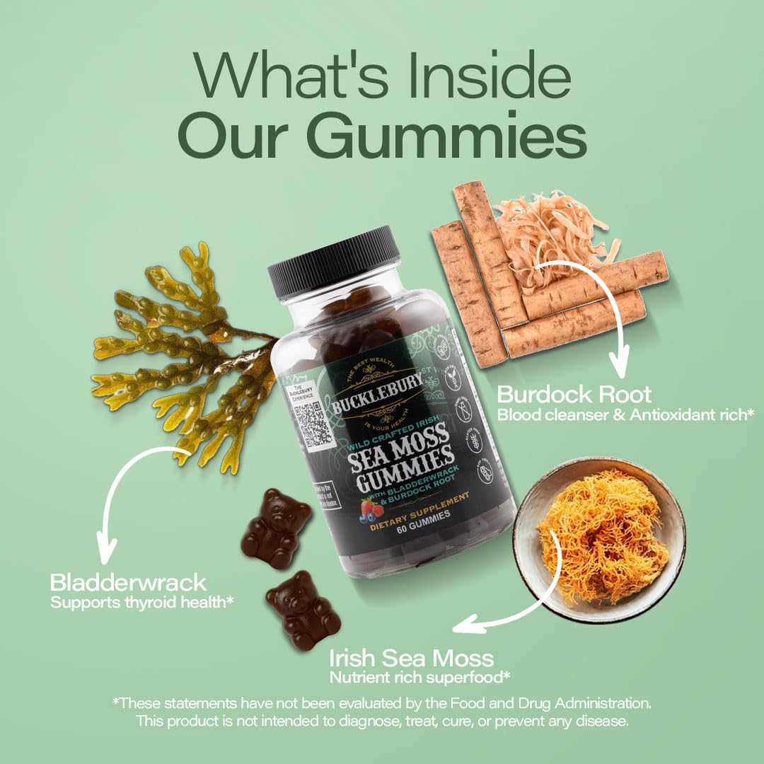 BUCKLEBURY Wild Crafted Irish Sea Moss Gummies - Vegan Multivitamin with Bladderwrack & Burdock Root (60 Gummies) - görsel 2