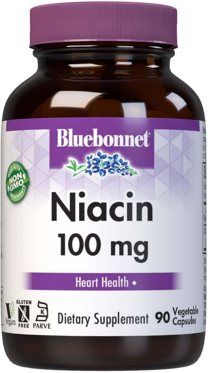 Bluebonnet Niacin 100 mg Vitamin B3 Nicotinic Acid – Supports Normal Energy Metabolism and Skin Health – Non-GMO, Vegan, Kosher, Gluten-Free Flush Niacin Supplement – 90 Vegetable Capsules