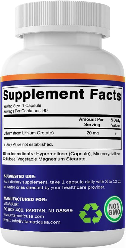 Vitamatic Lithium Orotate 20 mg, 90 Vegetable Capsules - Non-GMO, Gluten-free